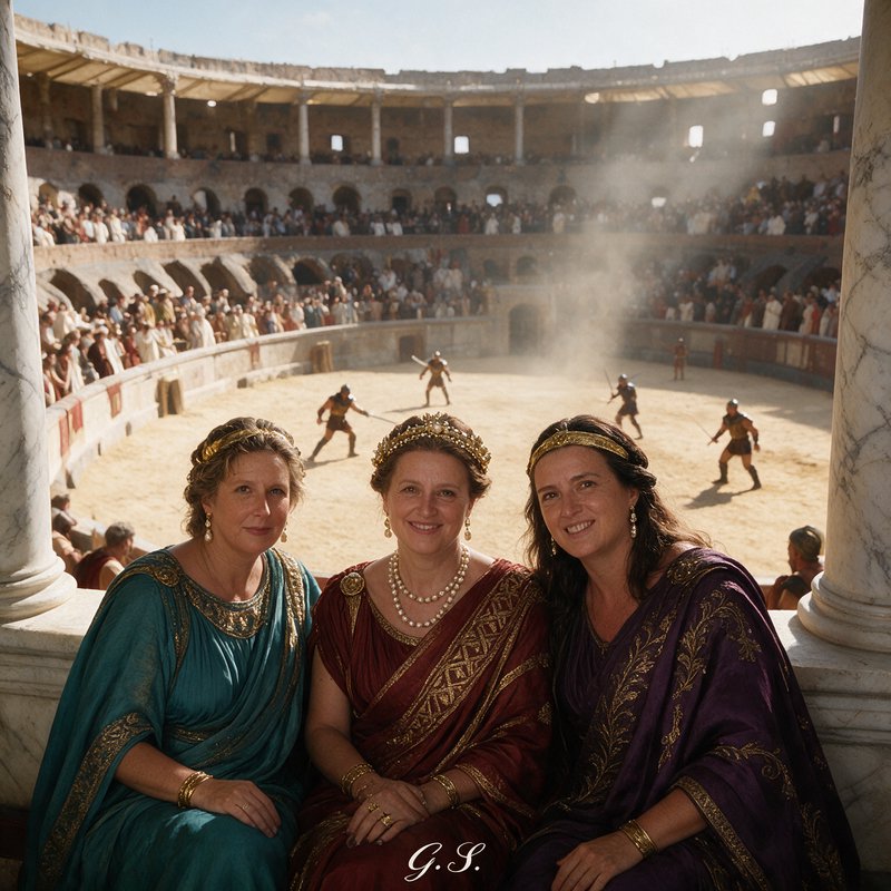 Three Roman noblewomen in embroidered period gowns sit in a colosseum viewing box, gladiators fig...