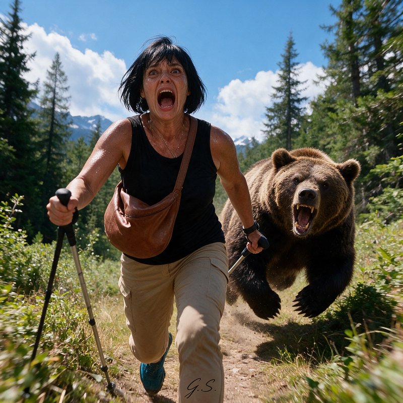 Terrified female hiker runs toward the camera as a snarling charging grizzly bear pursues her on ...