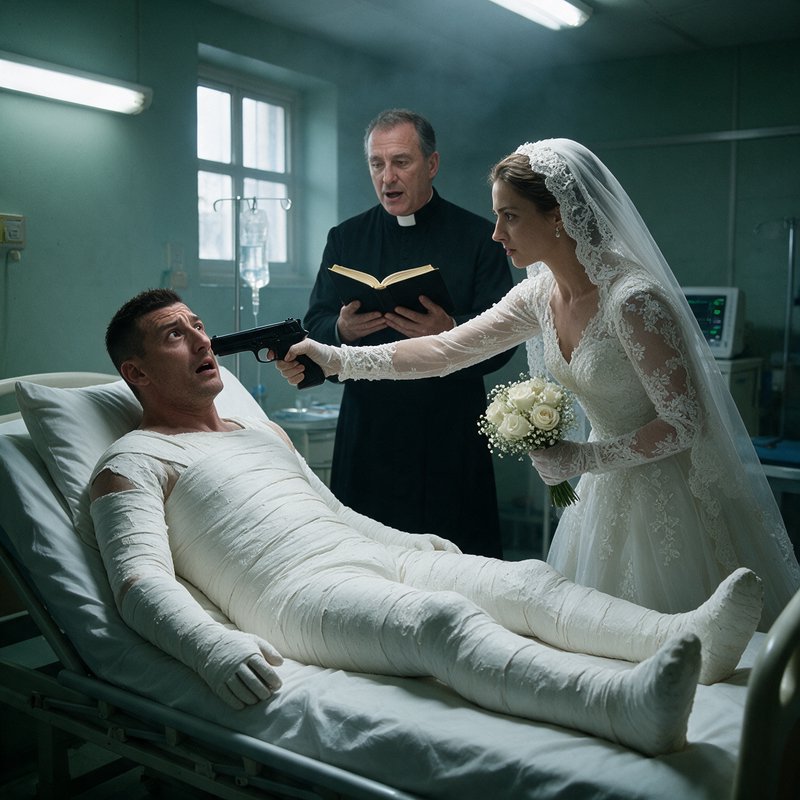 Bride pointing a handgun at a fully bandaged hospital patient while a priest officiates a tense b...