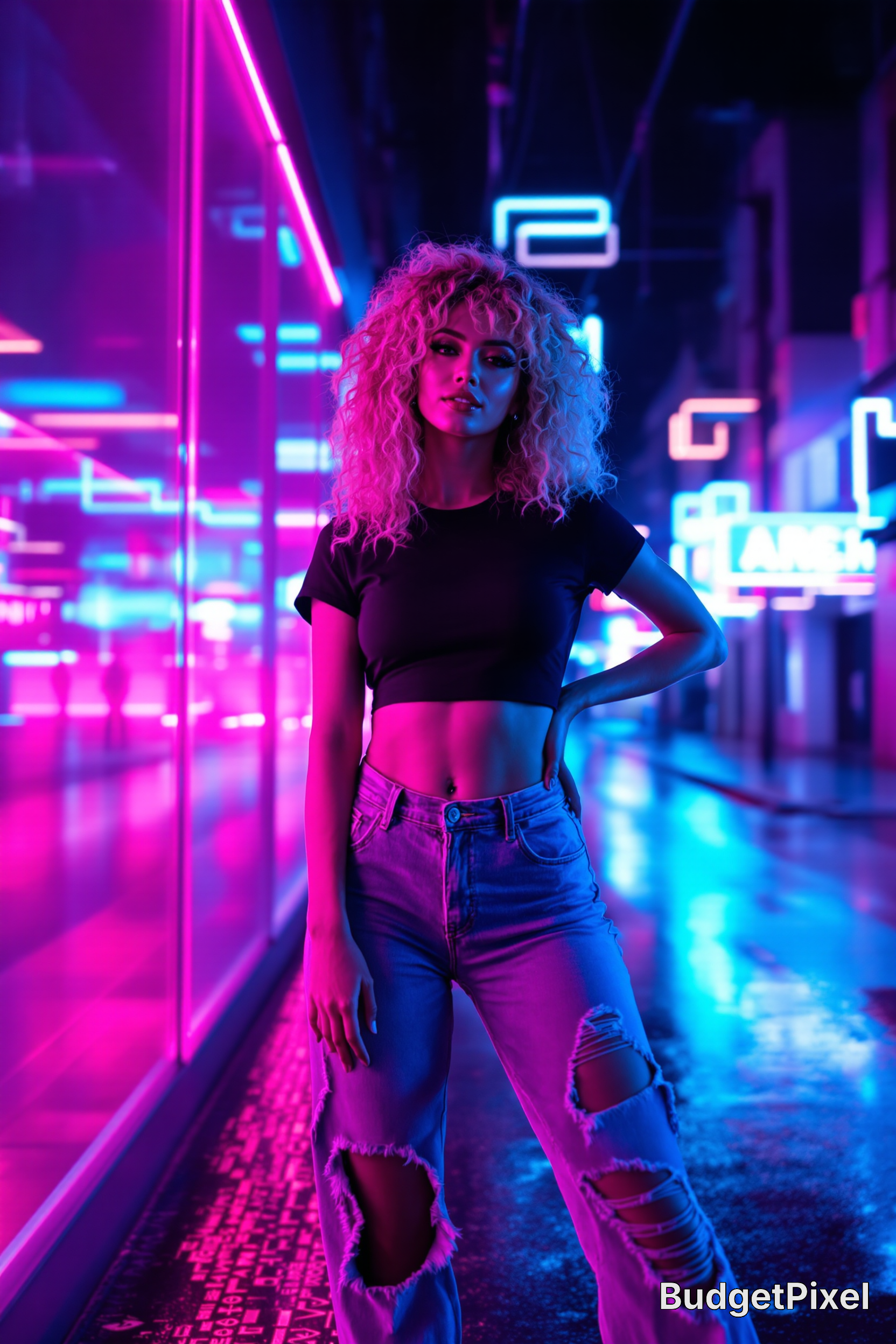 Young woman with curly blonde hair in neon-lit alley wearing a black crop top and ripped jeans.