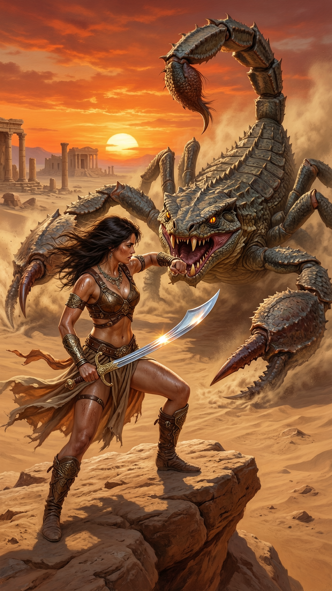 Warrior woman battles a gigantic desert scorpion monster at sunset.