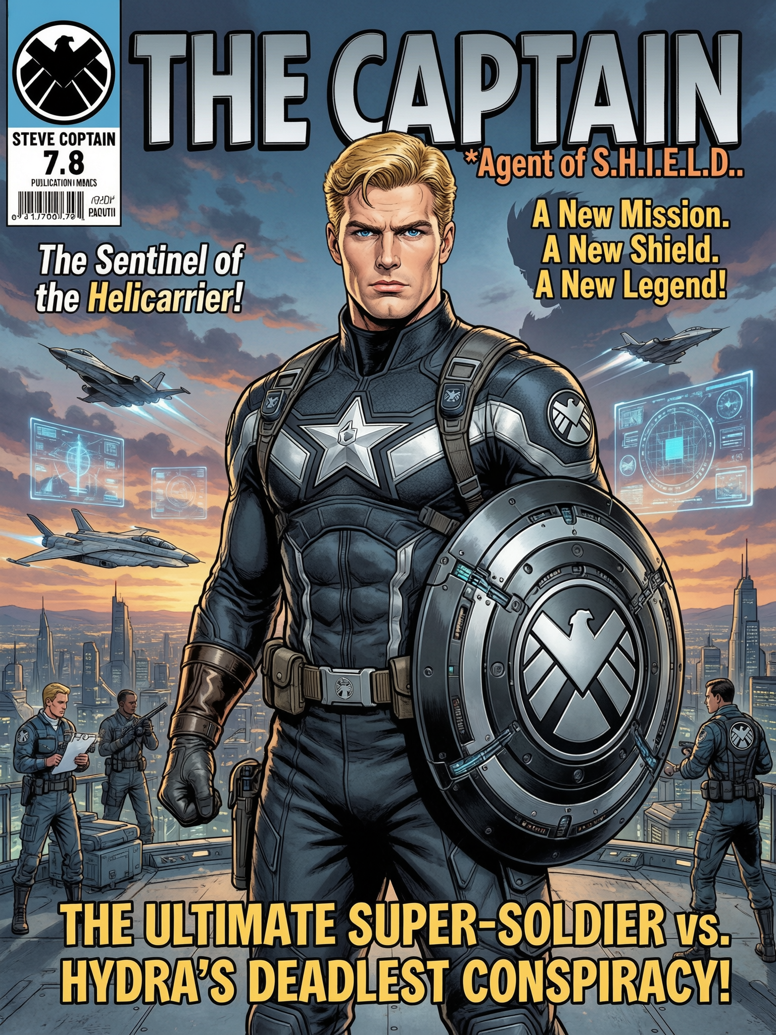 Dynamic comic cover featuring The Captain in a dark armored suit with shield against a futuristic city and aircraft backdrop.