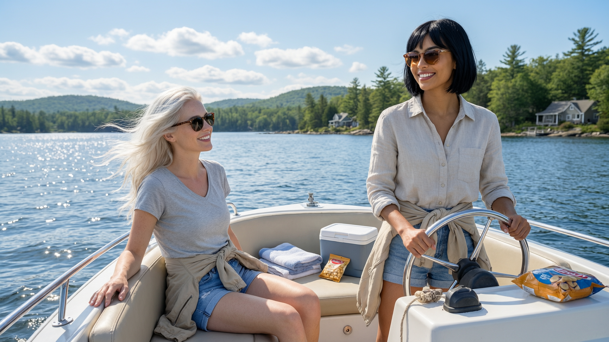 Two women riding a small boat on a sunny lake, smiling and enjoying the ride.