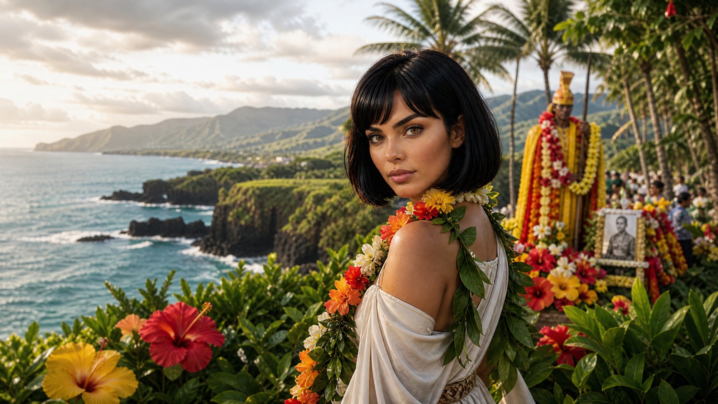 Woman with a dark bob haircut in a white dress, adorned with a flower lei, beside tropical flowers and ocean cliffs.