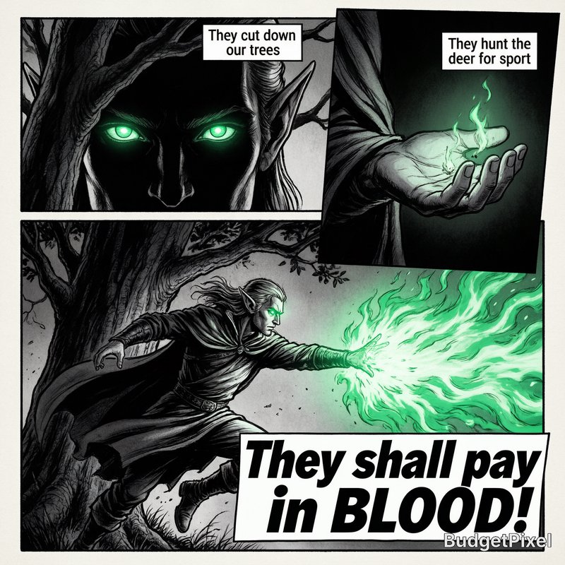 Elf-like wizard with glowing green eyes casting neon green fire in a dark forest.
