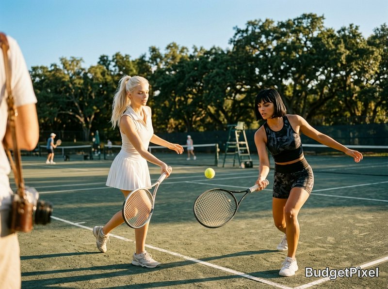 Two women playing tennis on an outdoor court with a ball mid-air.