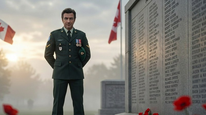 Military officer in green dress uniform standing at a Canadian war memorial with names, flags, an...