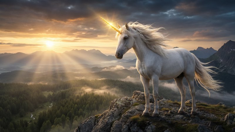 White unicorn on a rocky cliff at sunrise with a glowing golden horn and misty valley below.