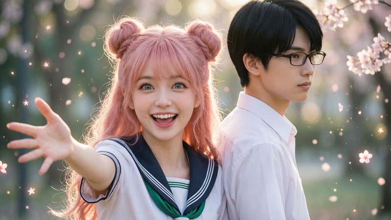 Girl with pink hair in a sailor school uniform reaching out, smiling at the camera; boy with glas...