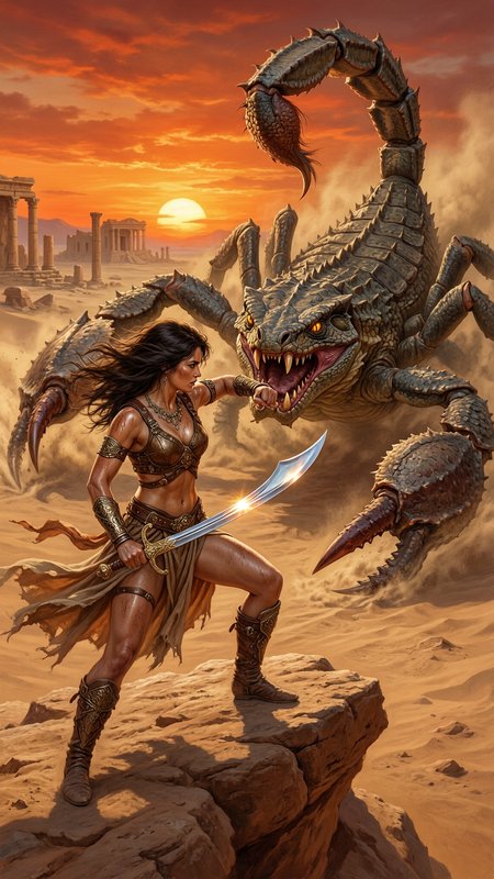 Warrior woman battles a gigantic desert scorpion monster at sunset.