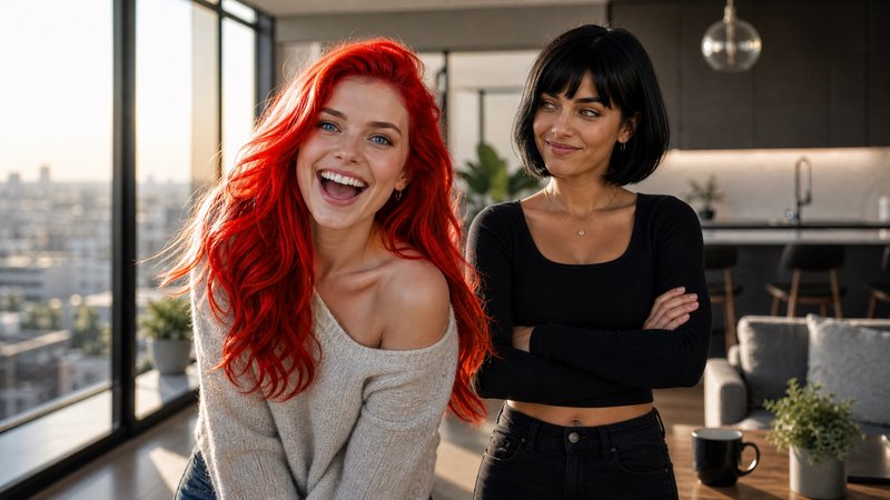 Two women in a modern apartment; one with bright red hair laughing, the other with a black bob sm...