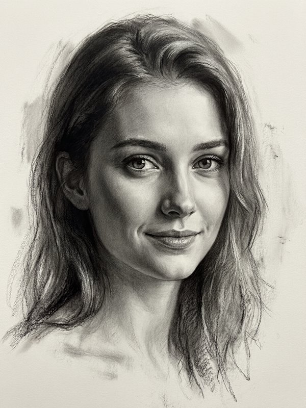 Pencil sketch portrait of a young woman with soft shading and flowing hair.