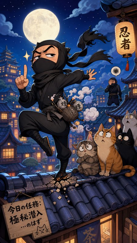Ninja cat in a black stealth suit leaps across a rooftop under a full moon in a moonlit Japanese ...