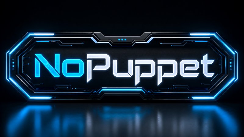 Futuristic neon sign reading "NoPuppet" with blue glowing edges and circuitry details.