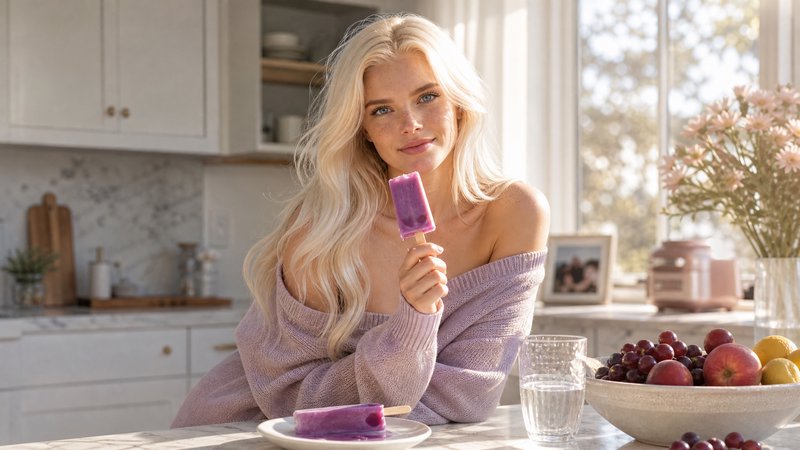 Woman with long blonde hair in a lavender sweater enjoying a purple popsicle in a bright kitchen.