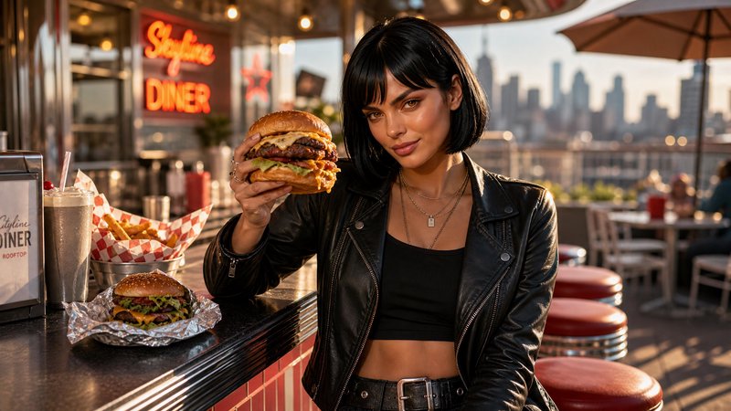 Woman in a black leather jacket holds a cheeseburger at a rooftop diner with a city skyline.