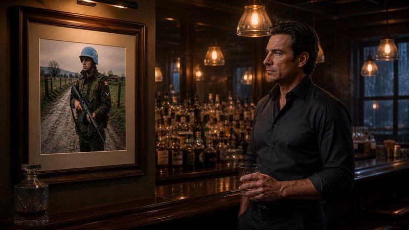 A man in a dark shirt stands at a dimly lit bar, gazing at a framed portrait of a soldier.