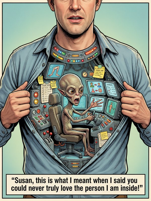 Cartoon man opens shirt to reveal a small alien operating a control panel inside his chest.