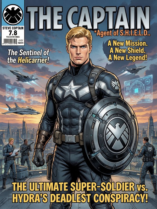 Dynamic comic cover featuring The Captain in a dark armored suit with shield against a futuristic...
