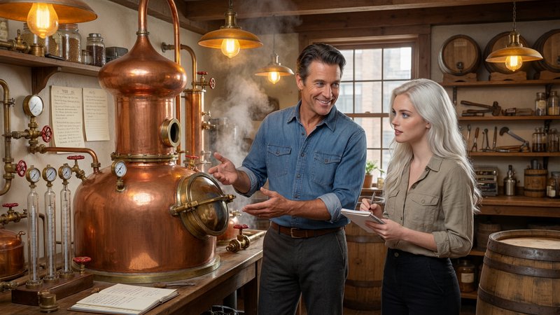 Two adults discuss around a copper distillation still in a rustic workshop.