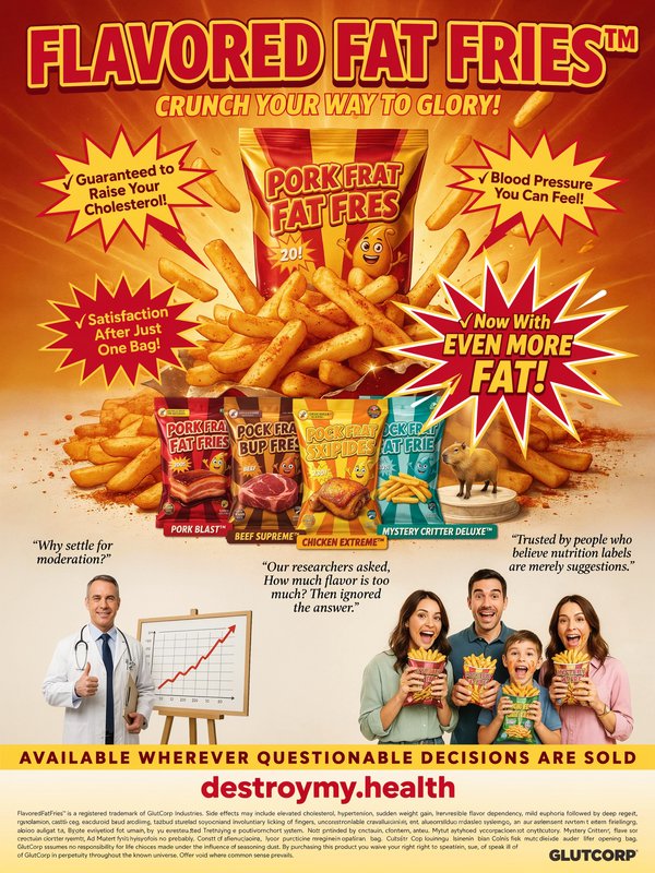 Bright, chaotic poster for Flavored Fat Fries showing a pile of fries, colorful bags, starbursts,...