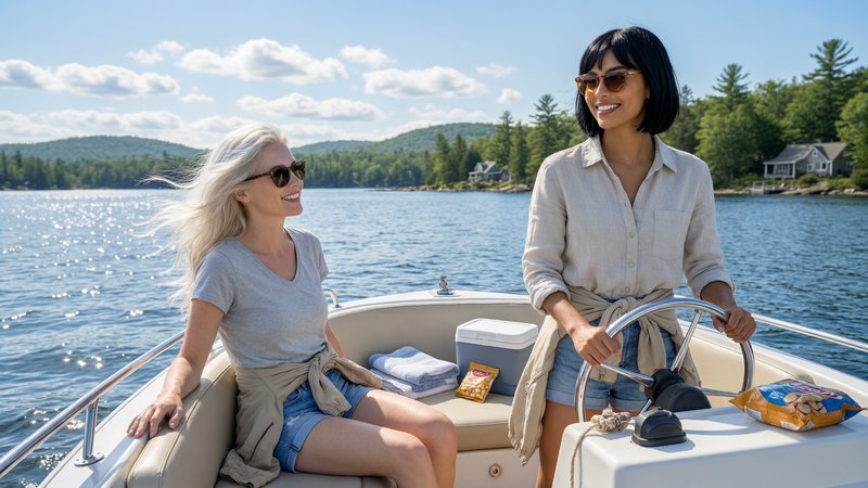 Two women riding a small boat on a sunny lake, smiling and enjoying the ride.