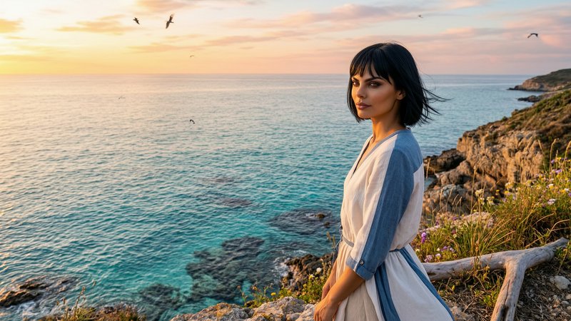 Woman with short dark hair in a white and blue dress stands on a rocky seaside cliff at sunset.