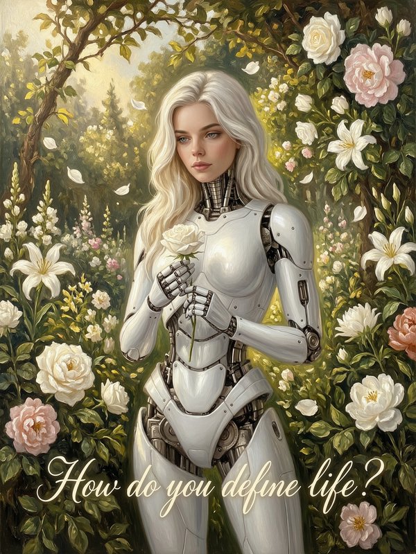 Female humanoid robot in white armor standing in a rose-filled garden, holding a white rose.