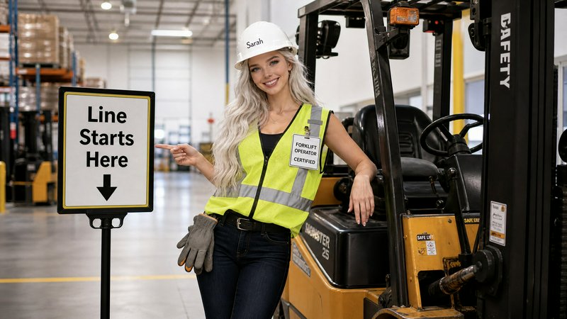 Woman in a neon safety vest and white hard hat next to a forklift in a warehouse, pointing to a "...