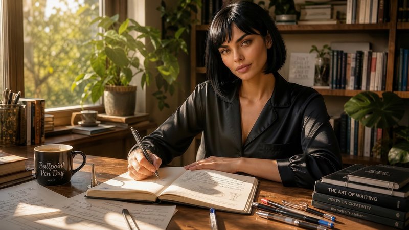 Woman with dark hair writing in a notebook at a wooden desk in a cozy, book-filled study.