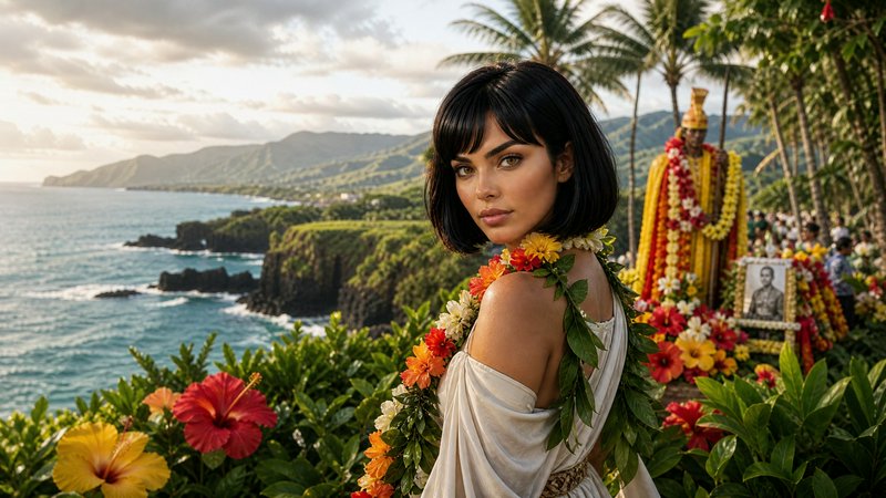 Woman with a dark bob haircut in a white dress, adorned with a flower lei, beside tropical flower...