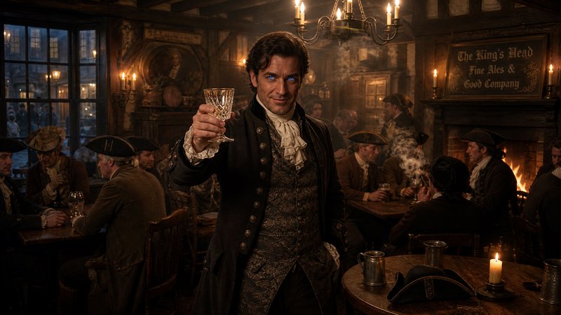 Smiling man in 18th-century attire raises a glass in a candlelit, crowded tavern.
