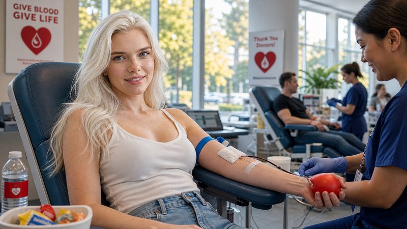 Young woman donating blood in a reclining chair at a donation center.