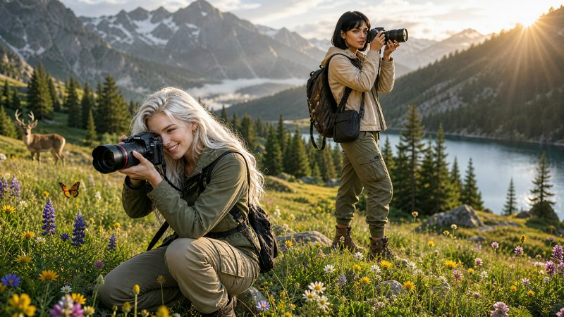 Two female photographers in rugged outdoor gear shooting in a wildflower-filled alpine meadow wit...