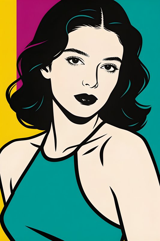 Bold pop art portrait of a woman with dark wavy hair in a teal halter top, set against a vibrant ...