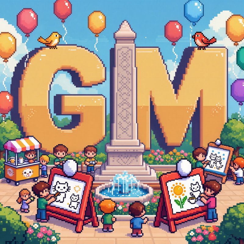 Retro pixel art sunny park scene with giant GM letters, festival balloons, drawing easels, and co...
