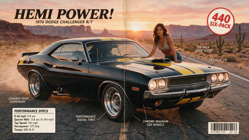 Retro magazine spread of 1970 black Dodge Challenger R/T with yellow racing stripes, model leanin...