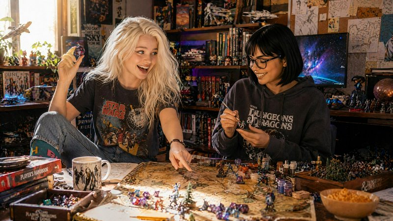 Two joyful women play TTRPG, one holds a polyhedral D20 die, the other paints miniatures at a map...