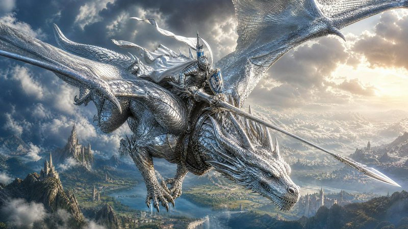 Armored paladin knight with lance rides a giant silver dragon flying above a sprawling fantasy ki...