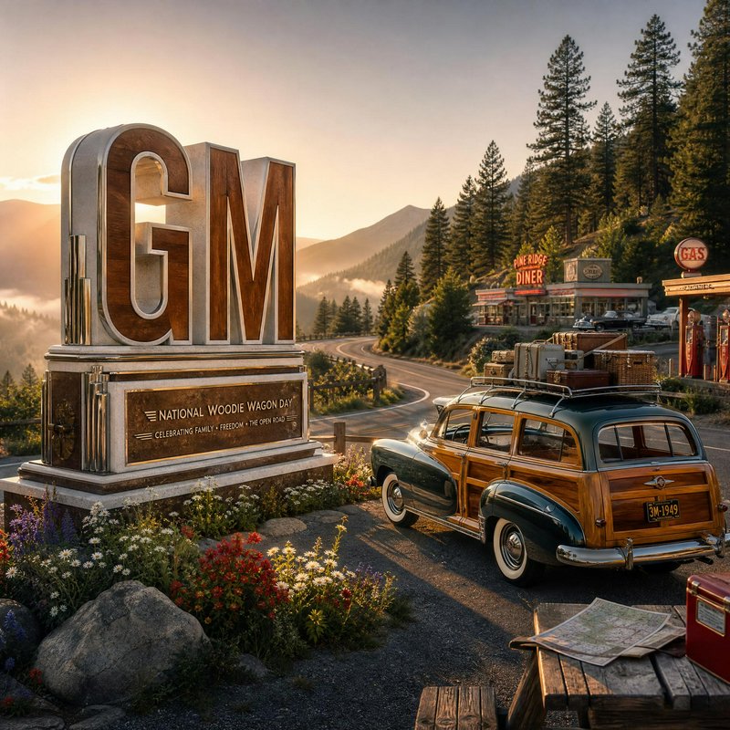 Vintage GM roadside monument sign next to classic woodie station wagon at a mountain highway rest...