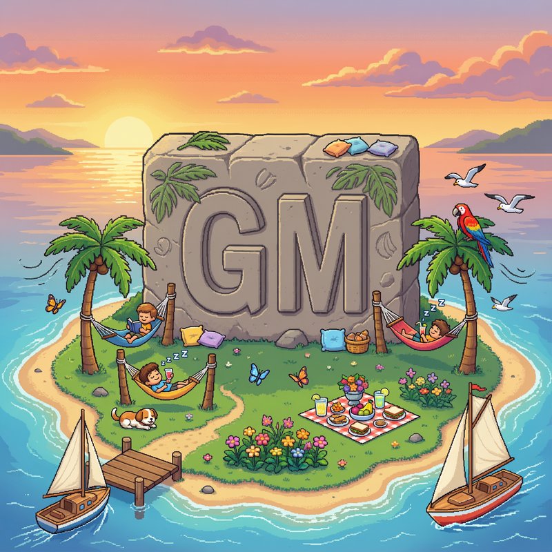 Pixel art tropical island with giant carved GM stone, relaxing campers, palm trees, and a golden ...