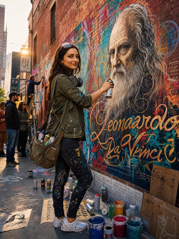 Female street artist holds a spray can while painting a Leonardo da Vinci portrait mural on a brick urban wall.