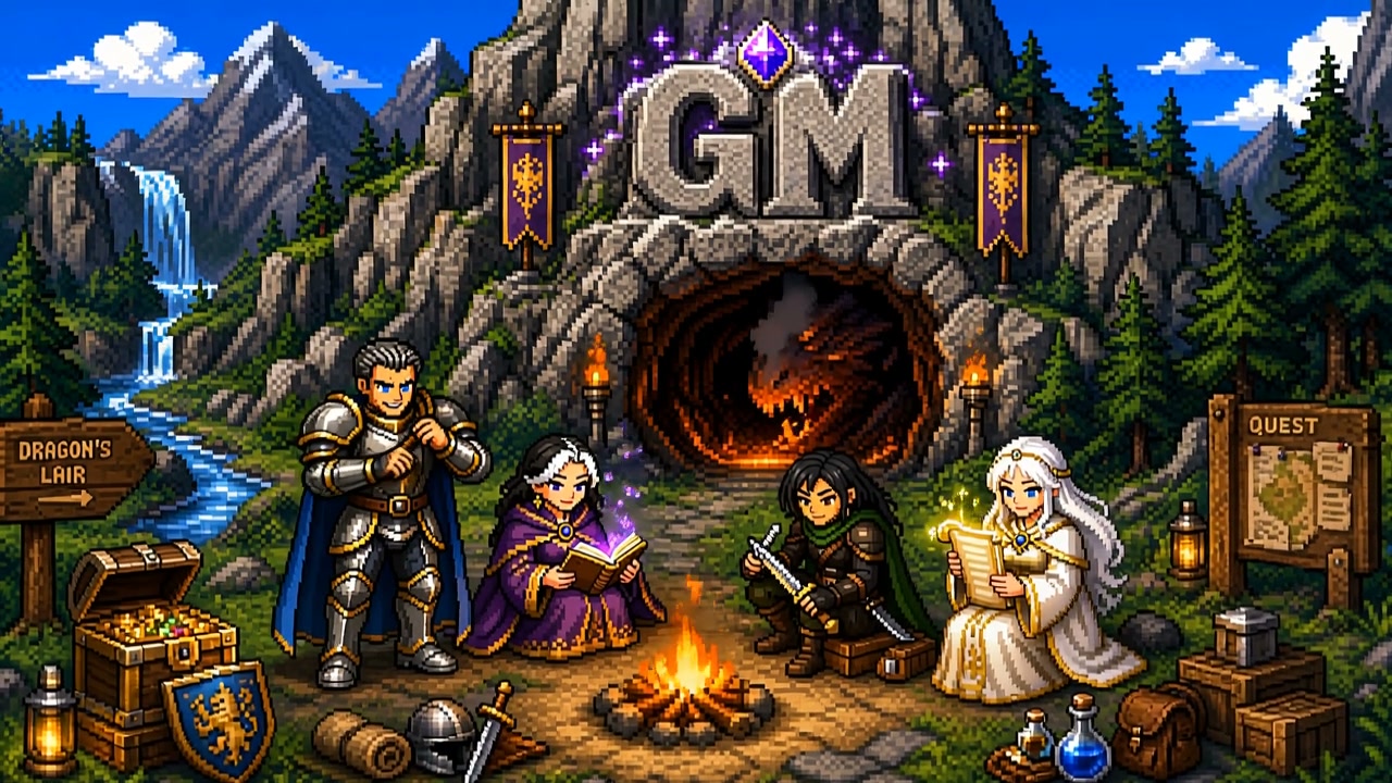 Pixel art fantasy RPG scene with a hero party around a campfire near a dragon’s lair entrance.