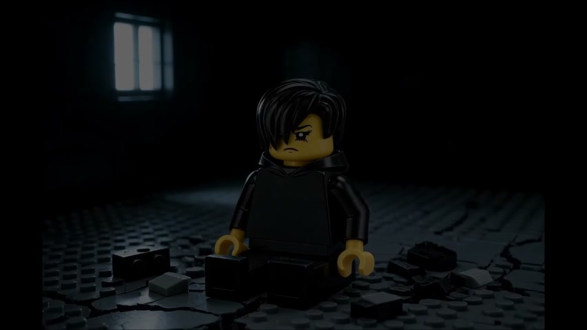 Dark LEGO minifigure sitting on a cracked floor in a dim, moody room with a small window glow.