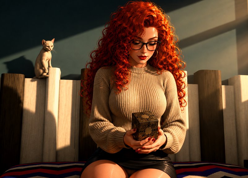 Woman with red curly hair wearing glasses and a beige sweater, holding a decorative box beside a ...