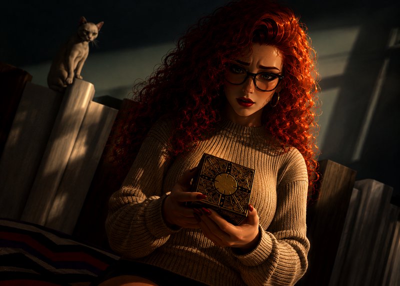 Woman with curly red hair and glasses holding a tarot-style box in a dim, cozy room with a cat in the background.