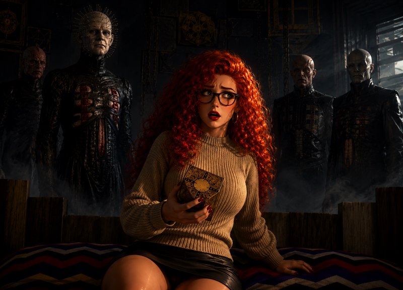 Woman with red curly hair and glasses holds an occult book while eerie Cenobite figures loom in a...