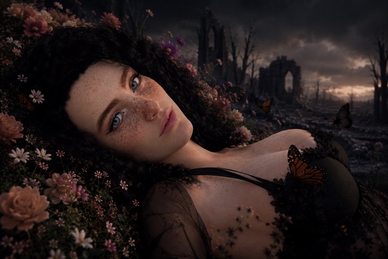 Freckled young woman with dark curly hair reclines in wildflowers, monarch butterflies nearby, go...