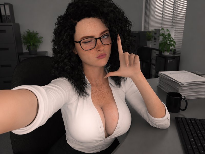 Photorealistic 3D rendered female office worker winks while taking a selfie at her desk, framing ...