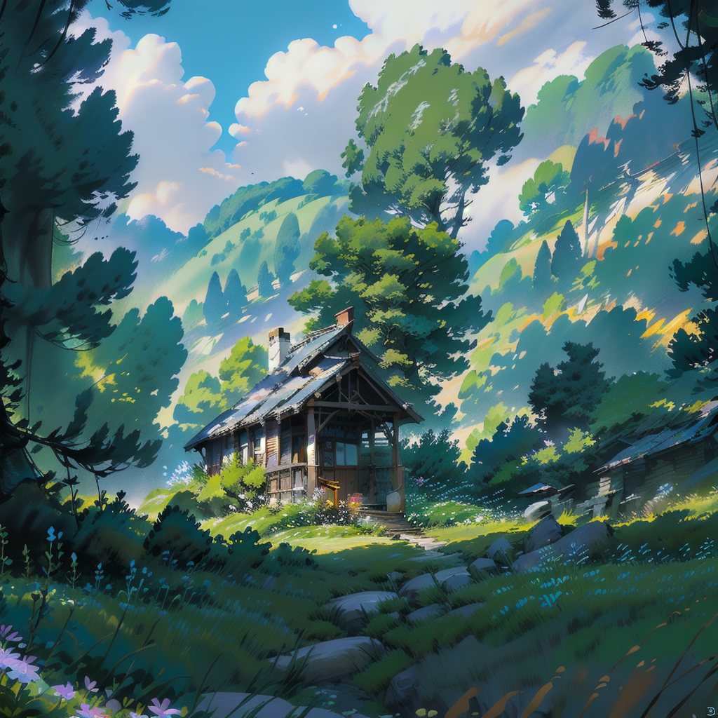 Cozy wooden cabin in a sunlit, lush forest with rolling mountains and vibrant greenery.